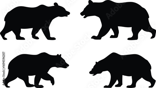 Four Black Bear Silhouettes on a White Background Wildlife, Nature and Animal Art