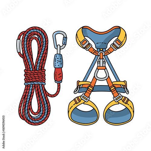 Climbing equipment, including rope and harness, depicted in a graphic illustration.