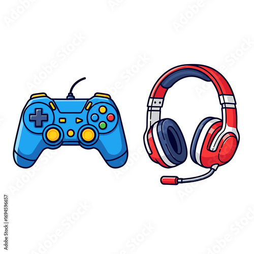 A vibrant blue video game controller and red gaming headset, ready for immersive gameplay.