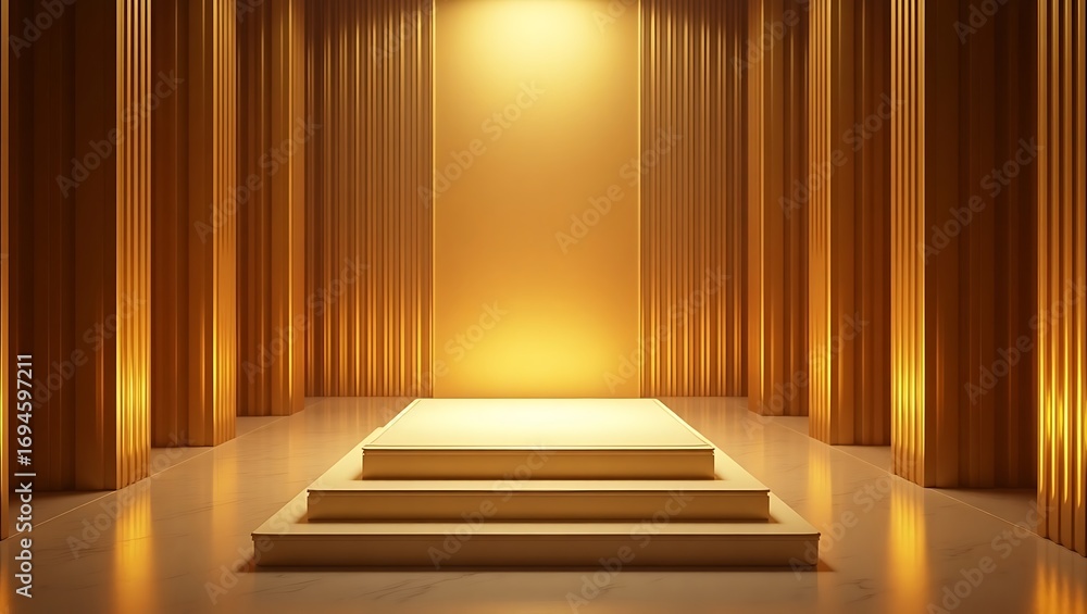 Fototapeta premium Elegant glass pedestal for product display with luxury gold background