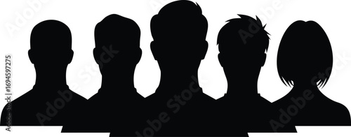 Group of Five Silhouetted People, Teamwork and Togetherness Concept, Diverse Hair Styles, Graphic