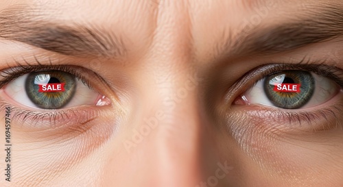 Intense gaze with sale tag reflected in eyes, capturing shopper's focused attention on deals