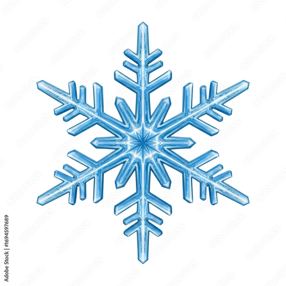 Fototapeta premium Intricate blue ice crystal snowflake with six delicate arms detailed and isolated on transparent background
