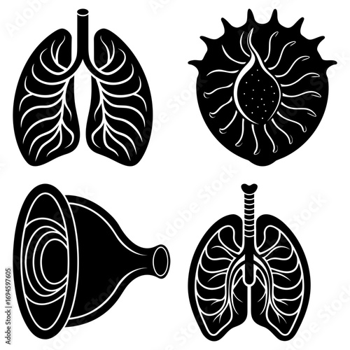 Four anatomical illustrations of lungs, a cell, and a diaphragm in black and white graphic style