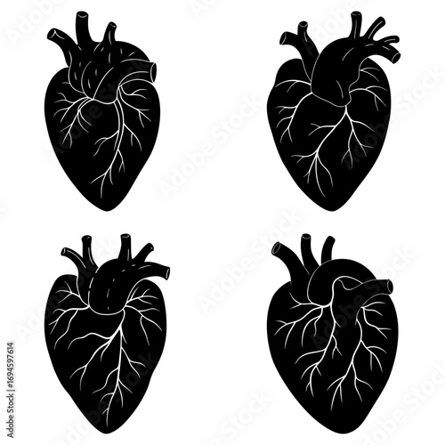 Anatomical hearts in black and white showing veins and arteries in a repeated pattern on a white background