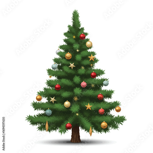 A beautiful green Christmas tree adorned with colorful ornaments is realistically depicted in a clean 2D vector illustration on a plain white background, perfect for holiday season cheer.