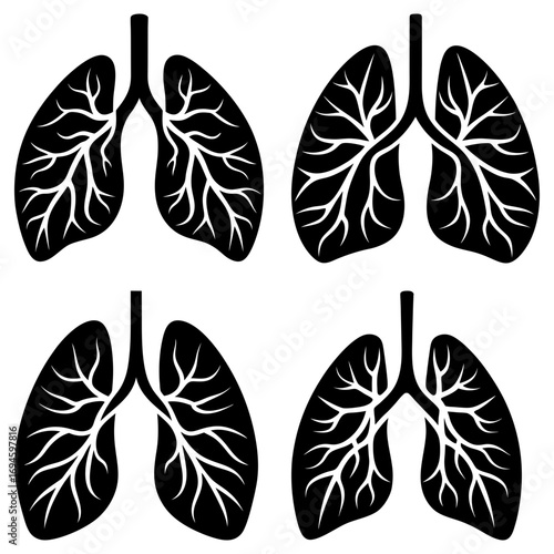 Four black lung illustrations with visible branching structures on a white background display health