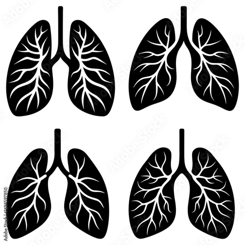 Four black and white lung illustrations arranged in a square pattern on a white background graphic art