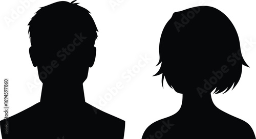 Male and Female Head and Shoulders Silhouettes in Black on White Background