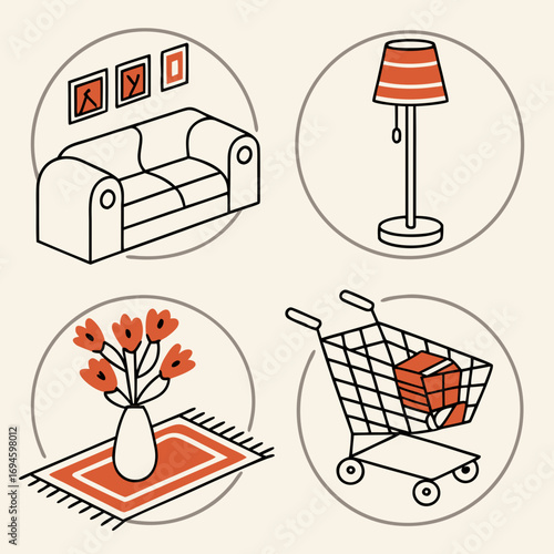 Home Decor and Retail Icon Set - Furniture, Lighting, and Shopping