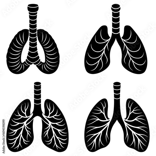 Four anatomical lung illustrations with different styles and bronchial tree depictions shown in black