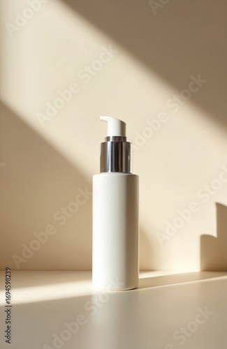 Wallpaper Mural Minimalist white skincare bottle with silver pump dispenser and natural light casting shadows. Clean aesthetic product presentation for beauty, cosmetic, or wellness advertisement. Torontodigital.ca