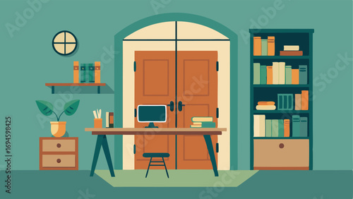 A home office with a large desk made from a repurposed door surrounded by shelves made from reclaimed barn wood.