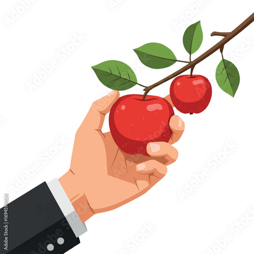 Hand Plucking Red Apple from Tree Vector Illustration - Harvest Cartoon Flat 2D Graphic for Agriculture, Freshness, Organic Farming, and Nature Concepts