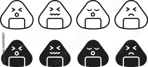A collection of cute onigiri (Japanese rice ball) icons, each with a different facial expression such as happy, sad, and surprised. The icons are shown in both outlined and solid black styles.