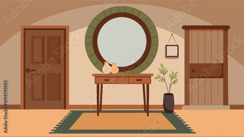 An entryway with a rustic console table a large circular mirror and a jute runner rug.