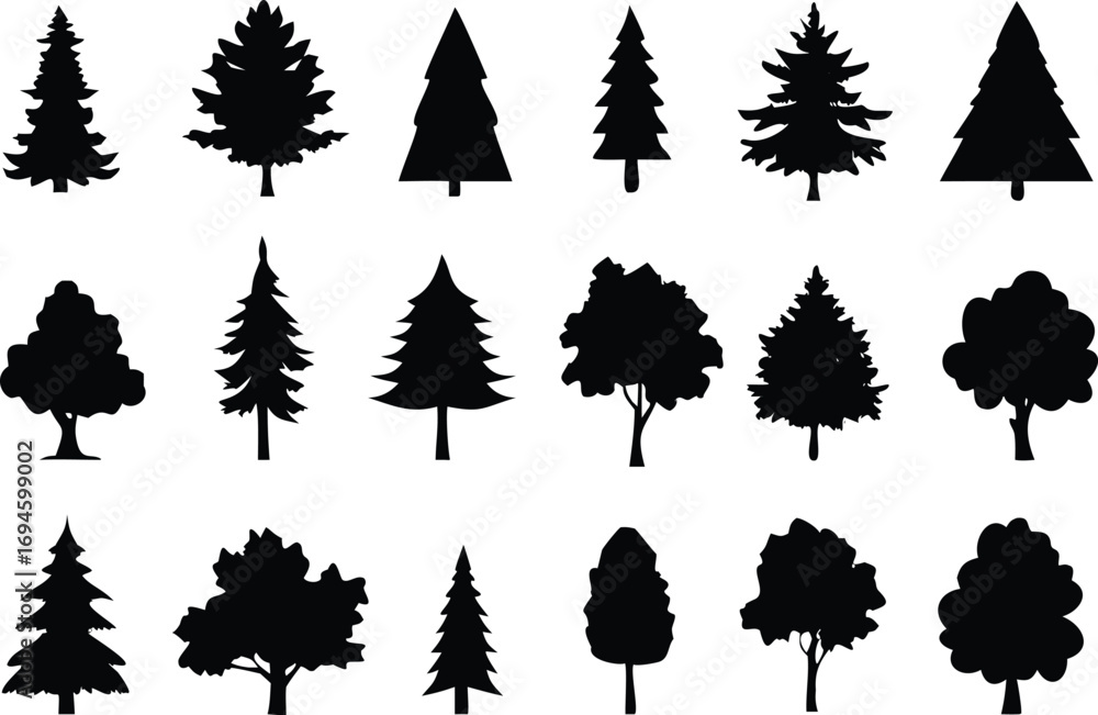 Obraz premium Silhouette Collection Twenty Assorted Tree Graphics Including Pine Trees, Deciduous Trees, and Conifer Shapes