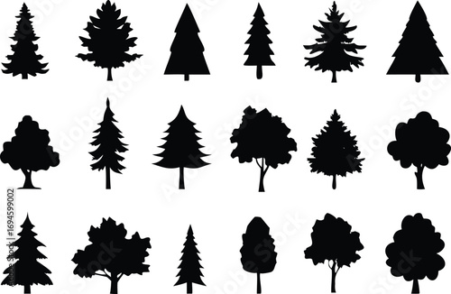Silhouette Collection Twenty Assorted Tree Graphics Including Pine Trees, Deciduous Trees, and Conifer Shapes