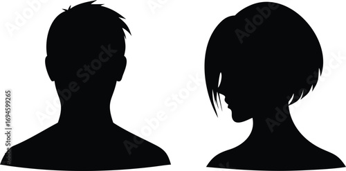 Silhouette Heads of Man and Woman with Different Hair Styles on White
