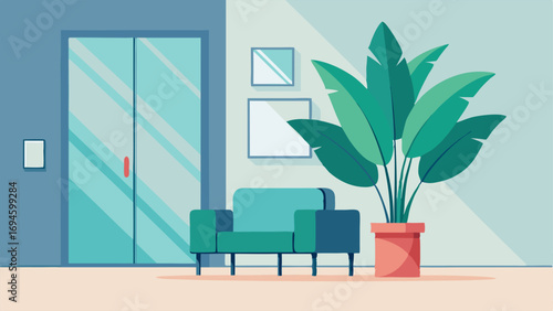 A large indoor plant sits in a corner bringing in a touch of nature and softening the clean lines of the modern furniture.