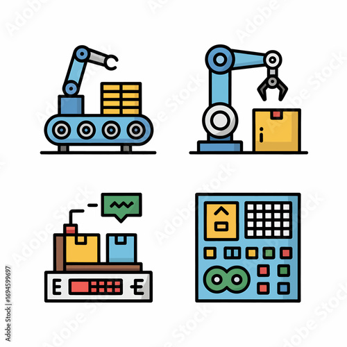 Automated manufacturing process featuring robotic arms conveyor belts and control panels showcasing industrial automation and modern production line technology for efficiency and precision