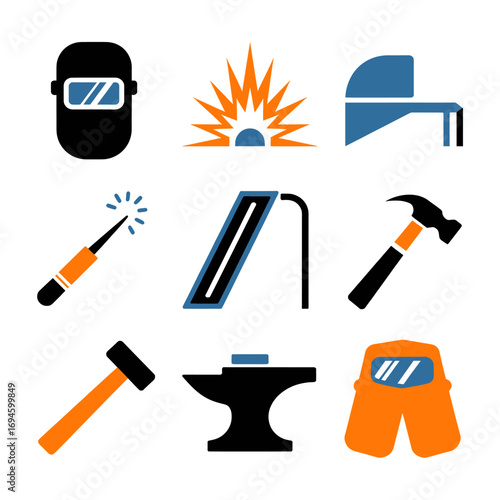 Welding and blacksmithing icons showcase various tools and equipment used in metalworking processes including welding masks hammers anvils and welding rods for industrial applications