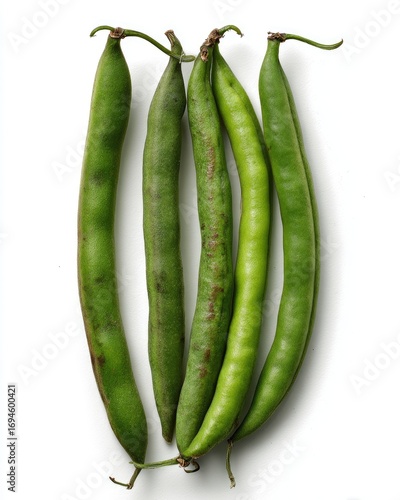 Fresh green beans arranged vertically against a white background