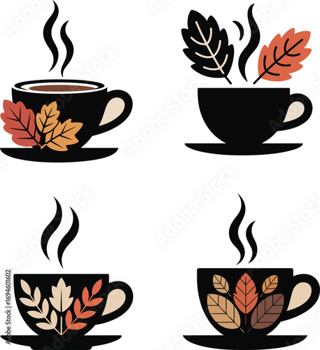 Coffee and tea cup icons set with hot drinks and leaf design