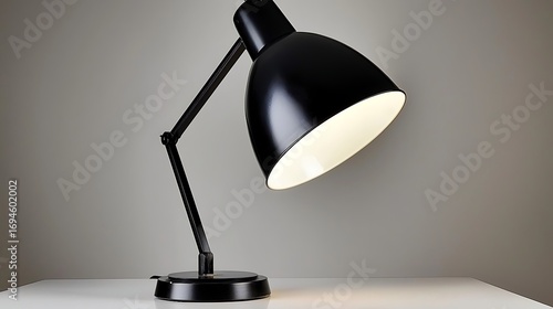 Modern desk lamp minimal design in 4K, 35mm f2 at f2.8, studio lighting with softbox creating smooth specular highlight on shade