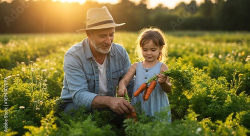 A grandfather and granddaughter bond in a sunny field as they harvest carrots, an idyllic depiction of family, agriculture, and healthy eating.