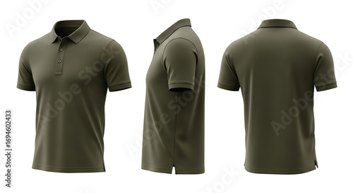 Olive Green Polo Shirt Mockup: Front, Side, and Back View on White Background