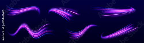 Speedwave trail with glowing arcs and radiant lines on a dark vector background. Futuristic shine effect emphasizes motion. Perfect for dynamic tech visuals.