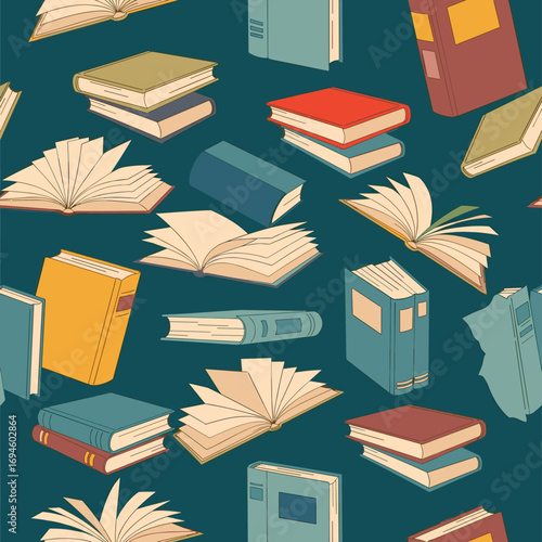 A wonderful collection of open and closed books scattered artistically across a deep teal background