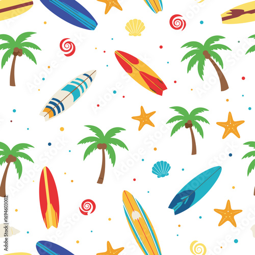 Vibrant tropical beach surfing palm trees and starfish summer vacation fun