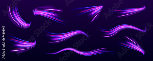 Abstract wave tunnel made of light streaks and glowing particle beams. Transparent curves rotate in a vibrant swirl. Ideal background for speed and motion design. 
