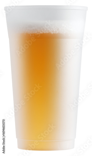 A frosted reusable bio plastic cup filled with golden amber beer with foam on top isolated on transparent background.