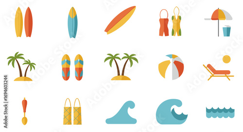 Vibrant beach essentials collection featuring surfboards and palm trees