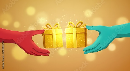 Two hands, one red and the other teal, gently exchange golden gift boxes, representing the spirit of giving and generosity. A beautiful animation style captures the warmth and joy of the moment.