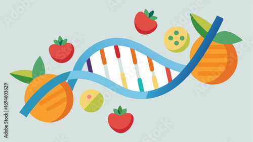 Diet and Nutrition An array of colorful fruits and vegetables arranged in the shape of a DNA strand representing the impact of diet on epigenetics.