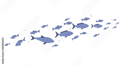 Flat style school of blue fish swimming in formation with bubbles on white background