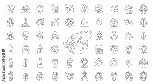 Line art illustrations depicting environmental conservation and sustainability
