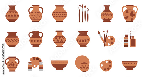 Collection of flat terracotta pottery and art tools for creative design projects