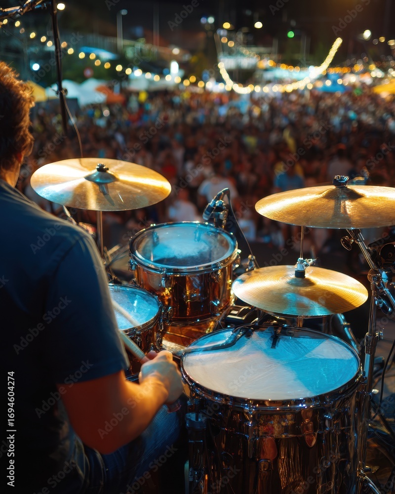 Obraz premium Drummer Performing on Stage at Night Concert
