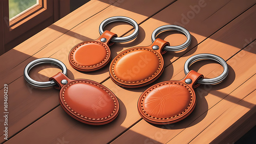 Leather Keychains on Wooden Surface with Natural Light and Shadows Creating Warm and Inviting Scene of Practical Elegance