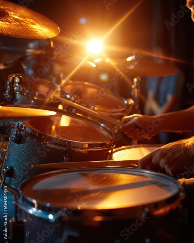 Drummer's Hands Playing Drum Kit Under Warm Stage Lights