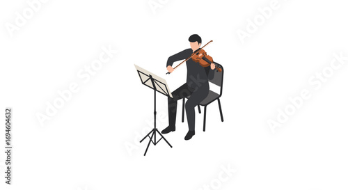 Isometric violinist playing music on chair with music stand