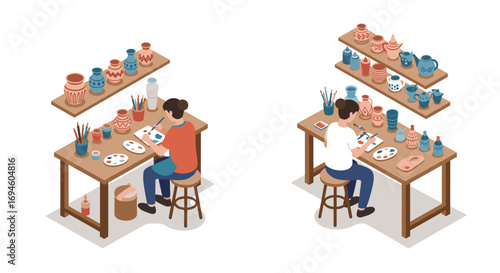 Isometric design of artists crafting pottery in a cozy studio setting