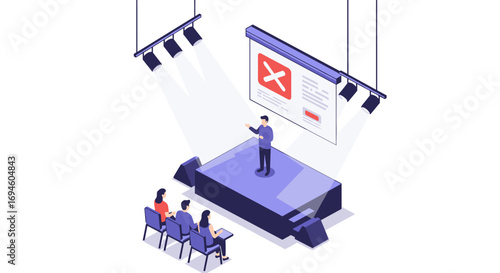 Isometric seminar presentation with error message on stage
