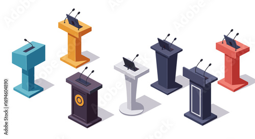 Isometric podium set with microphones for conferences and public speaking events