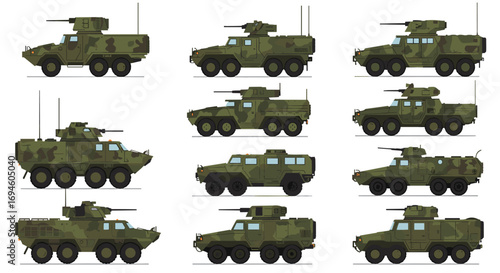Military armored vehicles collection in flat side view set